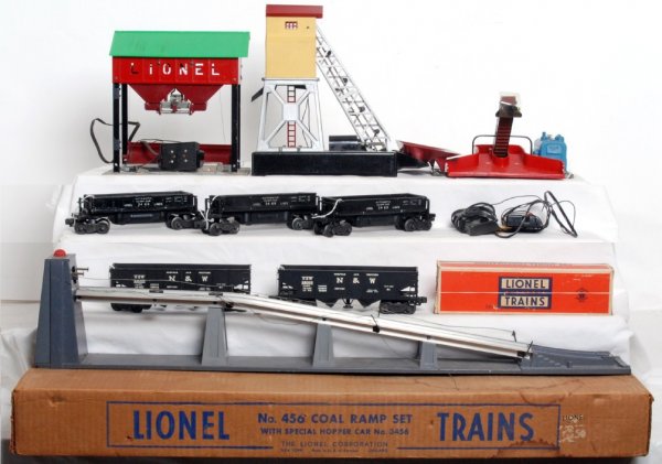 Lionel postwar operating accessories, 97, 456...: Lionel postwar operating accessories, two 3456 Norfolk and Western operating hoppers one OB, three 3469 automatic dump cars, 97 coal elevator w/controller, 456 coal ramp in OB w/controller and inserts