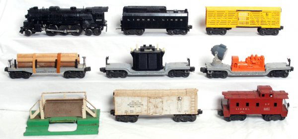 Lionel 2037 loco, 6656, 2411, 2461, 3620, more: Lionel postwar O gauge 2037 steam loco and tender, 6656 stock car, 2411 flatcar, 2461 transformer, 3620 searchlight car, 6257 SP type caboose with cracked roof and RT3472 milk car missing doors with 3