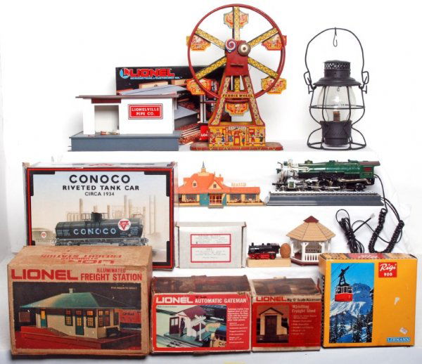 Large lot of toys, trains, Railroadiana and more: Large lot of toys, trains, Railroadiana and more. Lehmann Rigi 900 trolley in OB, diecast trucks, Southern Crescent land line telephone, J. Chein tin windup Ferris Wheel, Lionel 9311 coal dump car, Li