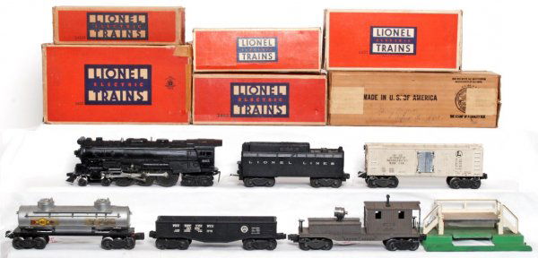 Lionel 665, 6026W, 2465, 3462, 2452X, 6420 in OB: Lionel postwar O gauge 665 steam loco and 6026W tender with 2465 Sunoco tank, 3462 milk car, 3462 milk platform, 2452X Pennsylvania gondola and 6420 searchlight wrecking car. Loco has touchups, 2465 h