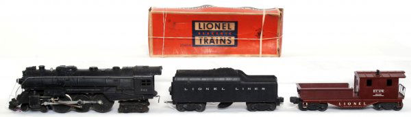 Lionel 646 steam loco, 2046W tender, 6119 caboose: Lionel postwar O gauge 646 steam locomotive and 2046W tender with some rust on underside C6-7 with 6119 Delaware, Lackawanna and Western caboose C8. Moderately worn 2046W box included.