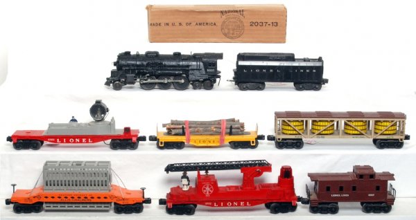 Lionel 2037, tender, 6822, 6475, 3512, 6519, 6017: Postwar O gauge Lionel 2037 steam loco and an unnumbered tender, unnumbered flatcar, 6822 track maintenance car, 6475 Pickles vat car missing one step, 3512 Ladder Co. car missing ladders, 6519 Allis 
