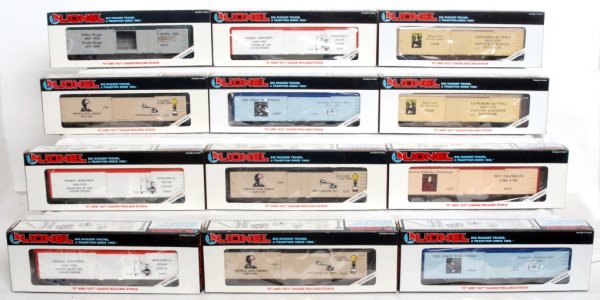12 Lionel Inventor Series Reefers: 12 Lionel inventor series reefers. Included are two 19509 Graham bell, 19513 Franklin, two 19508 Da Vinci, three 19506 Newcomen, three 19507 Edison, and 19512 Wright Brothers. All cars in OB with some