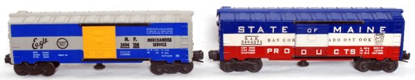 Lionel 3494-150 and 3494-275 operating boxcars: Postwar O gauge Lionel 3494-150 Missouri Pacific operating boxcar and 3494-275 State of Maine Bangor and Aroostook operating boxcar, State of Maine has a small spot of light surface rust on one door g