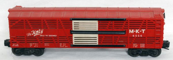 Lionel postwar MKT The Katy stock car 6556: Lionel postwar O gauge MKT The Katy stock car 6556, C7, needs light cleaning.