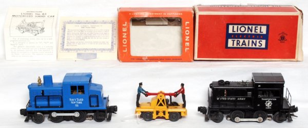 Lionel No. 41, No. 51, No. 65 motorized units: Lionel postwar O gauge No. 41 United States Army diesel switcher, No. 51 New York Navy Yard diesel switcher and No. 65 motorized hand car with original instructions sheet and warranty card. Each unit 