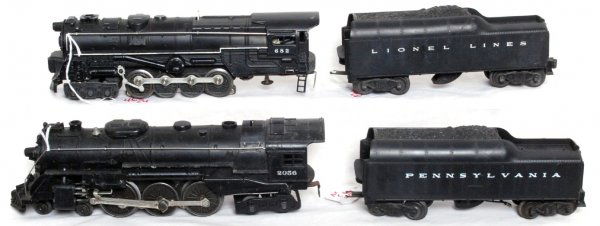 Lionel 682 loco, 2046W, 2056 loco, whistle tender: Lionel postwar O gauge locos and tenders with some repro parts, missing coupler, etc. Trains look nice but please view the photographs for the best description and as to the condition and diversity of