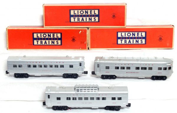 Lionel 2432, 2435 and 2436 passengers in OB: Lionel postwar O gauge passenger cars in original boxes. 2432 Clifton astra-dome car, 2435 Elizabeth Pullman coach and 2436 Mooseheart observation car with chipped roof detail. Cars look nice C6. 2432