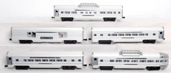 Five Williams Reproduction Cali. Zephyr pass. cars: Five Williams Reproductions California Zephyr aluminum passenger cars. Cars look C6-7, baggage car has a few small spots of light surface rust on underside of frame. Silver Canyon vista dome observati