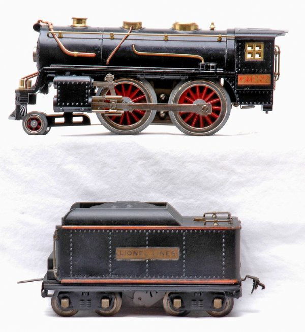 Lionel 384W Steam Loco 390T Tender Restored: Lionel prewar standard gauge 384E steam 2-4-0 loco and a 390T tender. Loco has been re-wheeled. Both loco and tender have been restored.