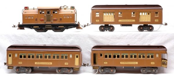Lionel Baby State Passenger Set no. 342E LN: Lionel prewar standard gauge ÒBaby State SetÓ passenger set no. 342E including; 318E state brown electric 0-4-0 loco that has been re-wheeled and two tone brown passenger cars; 310 baggage car, 309 