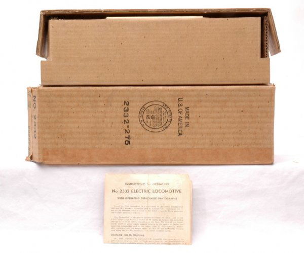 Lionel Original Box ONLY for 2332 Pennsy GG-1: Lionel postwar original box only for a 2332 Pennsylvania GG-1 electric loco with original cardboard insert and instruction sheet. The box is very clean and square and is sealed on one end and all flap