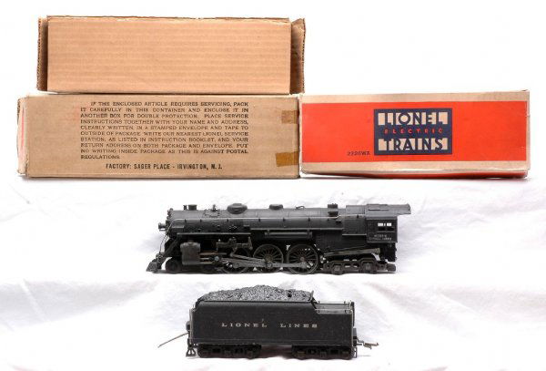 Lionel 763 Hudson Steam Loco 2226WX Tender OBs: Lionel prewar O gauge 763E black 4-6-4 Hudson steam loco with original cardboard insert and a 2226WX tender both in OBs. The numbering on the loco cab is worn off on one side and two jewels are missin
