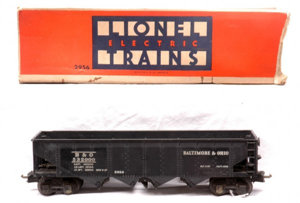 Lionel Semi Scale 2956 Baltimore & Ohio Hopper: Lionel prewar semi scale 2956 Baltimore & Ohio hopper in worn OB. The steps are intact on the car. Car is C6-7. The OB is missing all flaps.