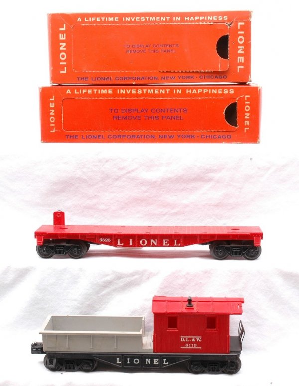 Lionel 6825 Flatcar 6119-100 Work Caboose OBs: Lionel postwar 6825 flatcar missing the trestle bridge in OB. The OB has all flaps attached on one end. The other in is missing an interior flap and the push in tab. The display panel is intact. The f