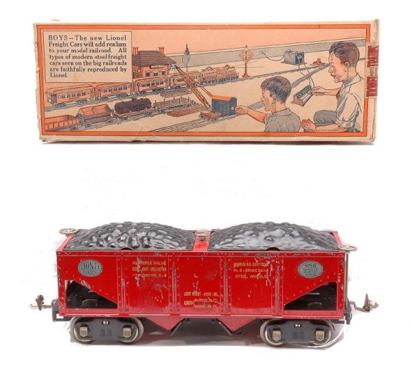 Lionel 516 Red Hopper Rubber Stamped Data Boxed: Lionel prewar standard gauge 516 red coal hopper with rubber stamped data, nickel plates, brake wheels, trim and journals in OB. The car is C6. One end of the OB has all flaps, is sealed with original
