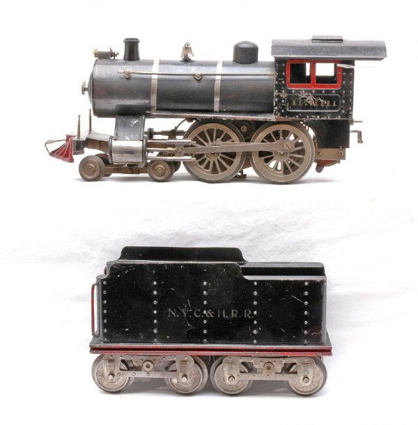 Lionel No. 6 NYC & HRRR Loco w/NYC & HRR Tender: Lionel prewar standard gauge no. 6 steam 4-4-0 loco with NYC & HRRR stamped on side of cab and a black eight wheel tender with NYC & HRR stamped on side. Both the loco and tender have red trim. The lo