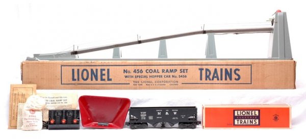 Lionel Postwar 456 Coal Ramp Set Boxed: Lionel postwar 456 coal ramp set in OB with original cardboard insert, 3456 operating hopper in individual OB, bag of 207 artificial coal, bin, inspection tag, 456C controller, envelope with bin mount