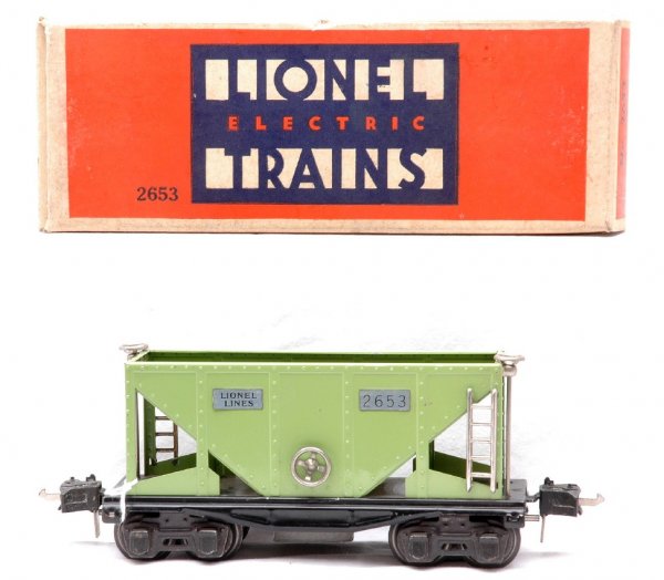 Lionel 2653 Stephen Girard Green Coal Hopper: Lionel prewar O gauge 2653 Stephen Girard green coal hopper with nickel plates and trim and black journals in OB. The car is C8. The OB has all flaps attached.