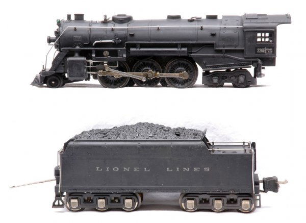 Lionel 226E Black Steam Loco w/2226W Tender: Lionel prewar O gauge 226E black 2-6-4 steam loco with 2226W tender. There is a jewel missing on the loco otherwise C7-8. The tender has some rust on the bottom of the frame, otherwise C7.
