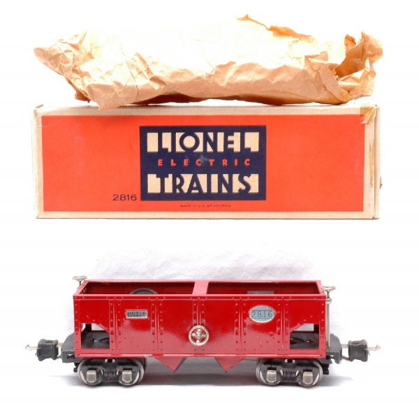 Lionel 2816 Red Hopper LIKE NEW Boxed: Lionel prewar O gauge 2816 red hopper with nickel plates, trim and journals in OB with original paper wrap. The paint is bright and shiny. Car is C8. The OB has all flaps attached, except for one coup