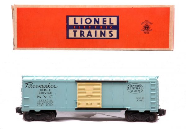 Lionel 6464-510 Pacemaker Girls Set LN OB: Lionel postwar 6464-510 pastel blue NYC Pacemaker type IIb girlÕs set boxcar in OB. The paint on the boxcar is clean with strong stamping. There are some minor box rubs, otherwise boxcar is C8. The O