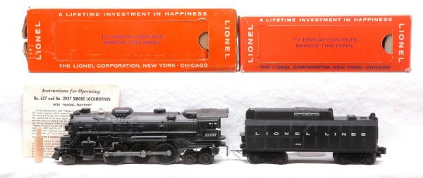 Lionel 2037 Black Steam Loco 243W Tender LN OB: Lionel postwar 2037 black 2-6-4 steam loco with smoke tamper and instruction sheet in OB with outer sleeve. Also included is a 243W tender with whistle in OB. The loco and tender are C8. The loco OB i