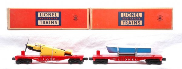 Lionel 6800 Airplane 6801-75 Boat Flatcars LN OB: Lionel postwar 6800 flatcar with airplane in OB. Airplane has a yellow top and wings with a black propeller. Also included is 6801-75 flatcar with boat in OB. Boat has a blue hull and white top. The 6
