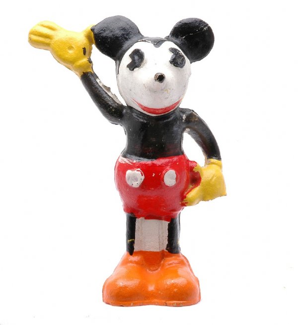 Lionel Mickey Mouse Barker Circus Set 1536 LN: Lionel prewar O gauge Mickey Mouse barker from the Mickey Mouse circus set no. 1536. One hand has broken fingers and the barker is clean with bright colors, C8.