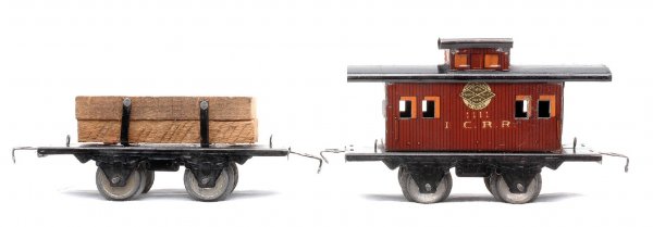 Am Flyer 1141 Log Car 1111 ICRR Caboose: American Flyer prewar O gauge 5 1/2 inch 1141 log car and lithographed 1111 Illinois Central caboose both with four wheels. The log car is C7. There is corrosion on the bottom edge of the body and cup