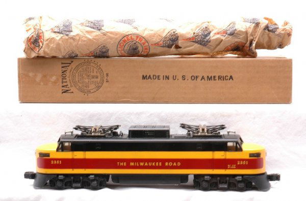 Lionel 2351 Milwaukee Road EP-5 Rectifier LN OB: Lionel postwar 2351 The Milwaukee Road EP-5 rectifier in OB with original paper wrap. The EP-5 has light run time. There is a crack on the end of one nose below the rivet. Other than the crack, the ca