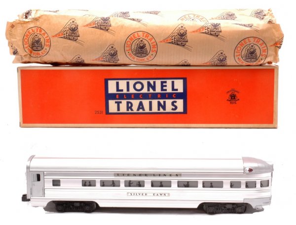 Lionel 2531 Flat Channel Silver Dawn LN Boxed: Lionel postwar 2531 aluminum flat channel Silver Dawn observation with name plates glued on in correct OB with coupler protection flaps. Also included is original paper wrap. The car has never been ru