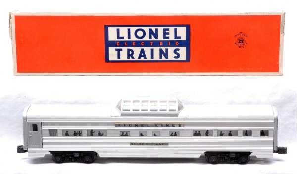Lionel 2532 Flat Channel Silver Range LN Boxed: Lionel postwar 2532 aluminum flat channel Silver Range vista dome with name plates glued on in correct OB with coupler protection flaps. This car is from the 2526W Santa Fe passenger set, circa 1958. 