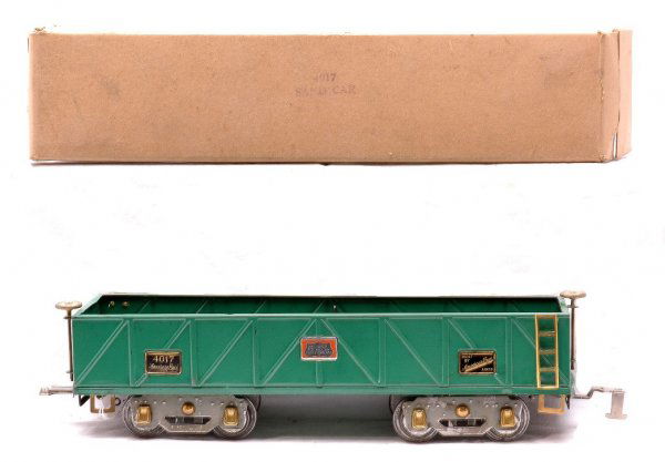 Am Flyer Prewar 4017 Green Sand Car Boxed: American Flyer prewar wide gauge 4017 green sand car with gray flex trucks, brass trim and OVER 6 MILLION HAPPY OWNERS name plates in OB. The car is C6-7. The OB is worn.