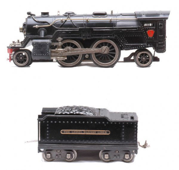 Lionel 1835E Black Steam Loco w/1835W Tender: Lionel prewar standard gauge 1835E black 2-4-2 steam loco with 1835W tender. The loco has nickel trim and tender has brass plates with nickel trim. The die-cast frame is solid and intact. The loco is