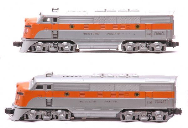 Lionel 2355 Western Pacific F3 AA Diesels LN: Lionel postwar 2355 Western Pacific F3 AA diesel units. The power A unit has a reproduction nose decal. The dummy A decal has an original decal that is flaking in the middle. Diesel do not have much r