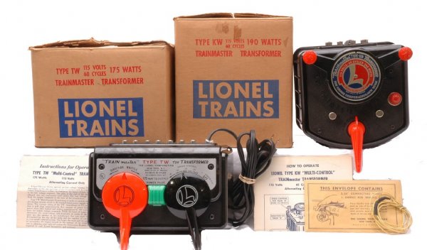 Lionel Type KW Type TW Transformer LN OBs: Lionel postwar Type KW 190-watts transformer in OB with packet that is complete and instruction sheet. The cord on the KW has a replaced plug and is C7. Also included is a Type TW 175-watts transforme