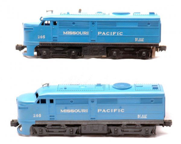 Lionel 250P/T Missouri Pacific Alco AA Diesels: Lionel postwar 205P/T Missouri Pacific Alco AA diesels. This is the version where the plastic pilots are re-enforced with a metal bar. The diesels are C7.