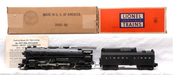 Lionel 2055 Steam Loco w/6026W Tender OBs: Lionel postwar 2055 steam 4-6-4 loco with 6026W tender in OBs with instruction sheet. There is what appears to be a factory touch up on the cab roof. The loco and tender are C8. The loco OB is a brick