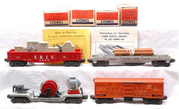 Lionel 3650 3361X 3444 3656 LN Boxed: Lionel postwar operating cars including; 3650 searchlight extension car, 3361X operating lumber car with five wooden logs and instruction sheet, 3444 Erie operating gondola with instruction sheet and
