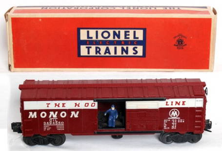 Unrun Lionel postwar O gauge 3494-550 Monon OB: Lionel postwar O gauge 3494-550 Monon operating boxcar, unrun, bright graphics, C8-9 body, very slight rust on door guides on one side. OB C8+.