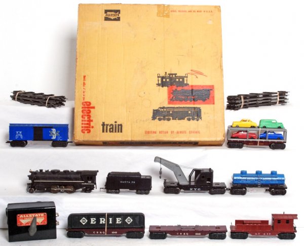 Marx boxed No. 9640 steam type freight set: Boxed Marx postwar O gauge No. 9640 Sears Allstate steam type No. 666 loco and Santa Fe tender with New York Central wrecker, Allstate Motor Oil tank, 51100 Southern flatcar with automobile rack and f