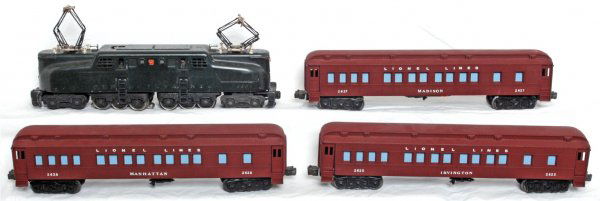 Lionel 2332 PRR GG-1, 2625, 2627, 2628: Postwar O gauge Lionel 2332 Pennsylvania green five stripe GG-1 electric loco with 2625 Irvington, 2627 Madison and 2628 Manhattan passenger cars. 2332 is missing stripes and passenger cars are repain