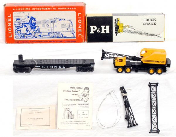 Unrun Lionel 6828 P&H crane, dark yellow, OB: Lionel postwar O gauge 6828 Harnischfeger crane car, unrun flat, darker yellow variation, no breaks or cracks, C9. Outer OB is C8ish, the ish is because of some minor creases on side. 6828-100 box is