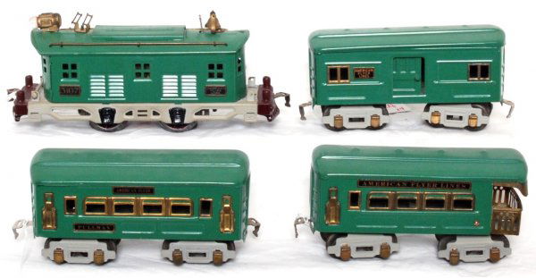 American Flyer 3107 electric loco w/3 passengers: American Flyer prewar O gauge 3107 electric loco with baggage, Pullman and an observation. All have been repainted with some repro parts to look C7 area.
