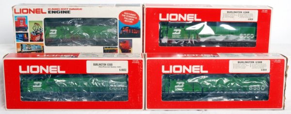 Four Lionel Burlington Northern Engines: Lot of four Lionel Burlington Northern Locos includes 8957 GP-20 in OB. Looks to be displayed only. All instructions included. OB has minor corner wear. C9. Two U36B locos number 8650. Both have OBÕs