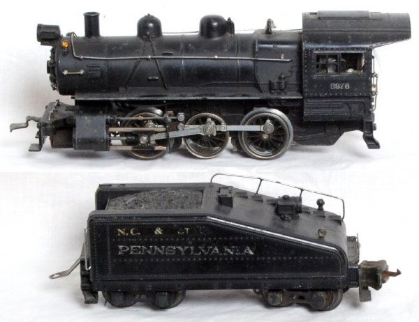 Lionel prewar O gauge 227 0-6-0 switcher: Lionel prewar O gauge 227 0-6-0 switcher, missing some parts such as the front coupler, minor trim pieces and parts in the bell in the tender. Cab roof has a slight bend. C5.