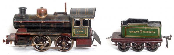 Bing live steam Great Western 0-4-0 No. 3410: Bing O gauge live steam Great Western 0-4-0 No. 3410 locomotive and tender. Loco is missing burner. Loco has a decal on top of pilot that reads: GBN. Decal in floor of cab that reads: 0 on a line abov
