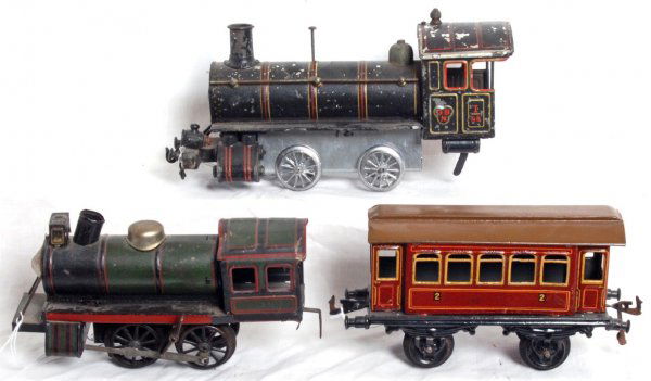 GBN, KBN and Bing tinplate trains: GBN steam loco, KBN steam loco and a Bing second class coach. Please view the photographs for the best description and as to the condition and diversity of the items in this lot. Items in this lot are