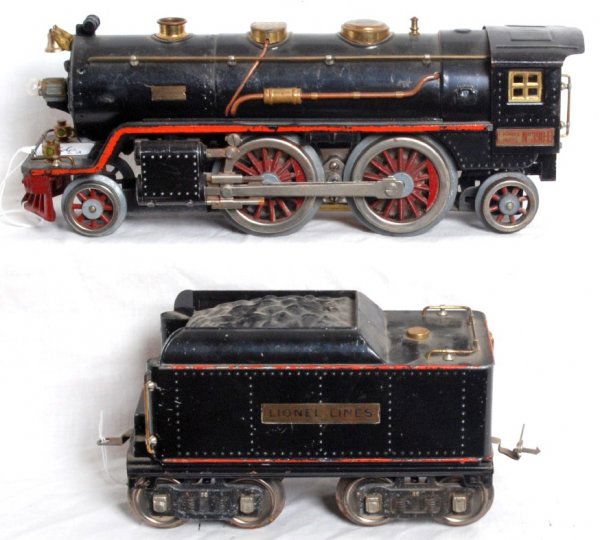 Prewar standard gauge Lionel 390E and 390X: Prewar standard gauge Lionel 390E 2-4-2 steam locomotive with 390X tender. Loco has replaced drive wheels. Oxidation and light surface rust on pony and trailing trucks frames and all wheels of loco an